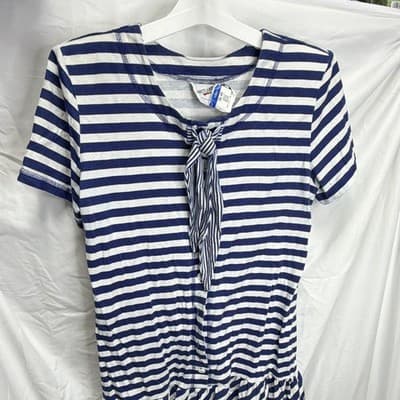 Britland Women's Blue White Striped Knit V-Neck Short Sleeve Tie-Front Tee M