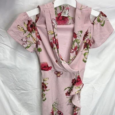 Monteau Women's Pink Floral Wrap Midi Dress Cowl Neck Ruffle Short Sleeve L