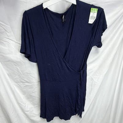 Fashion Nova Navy Blue Solid Wrap Tie Short Sleeve Romper Regular L