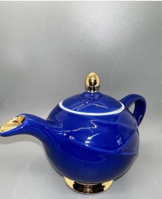 Blue and Gold Ceramic Glossy Teapot with Lid, Round Shape, Handle