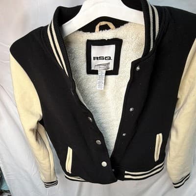 RSQ Black/Beige Varsity Jacket XL Snap Front Lined Short Jacket w/ Pockets