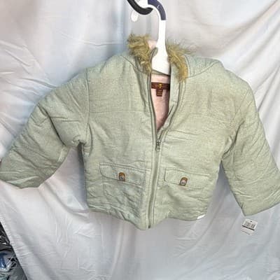 7 For All Mankind Girls 4T Light Olive Hooded Puffer Jacket Faux Fur Trim