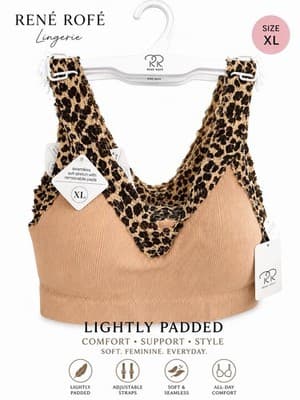 René Rofé Lingerie Lightly Padded Wireless Leopard Bralette Adjustable Straps XL