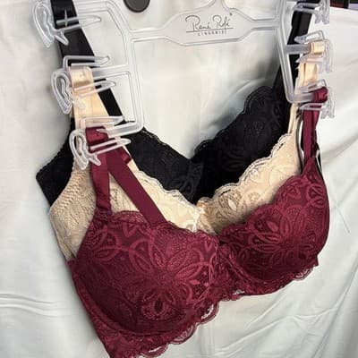 René Rofé Lingerie 3-Pack Lace Floral Underwire Bras 34C Burgundy Beige Black
