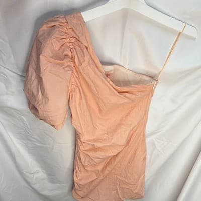 Showpo. Women's Peach One Shoulder Ruched Puff Sleeve Woven Blouse 8