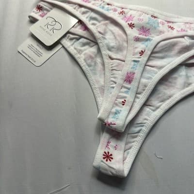 2 René Rofé Women's Thong Panties M White/Pink/Blue Snowflake Christmas MPN
