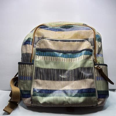 Vintage Fossil Multicolor Striped Backpack Pockets Adjustable Strap Zip Closure