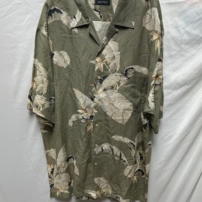Nautica Men’s XXL Green Floral Long Sleeve Button-Up Linen Rayon Spread Collar