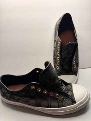 Coach Empire Women's Slip-On Logo Canvas Sneakers 6B B Width Gray Black