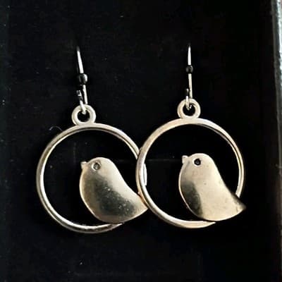 Silver Tone Metal Bird Dangle/Drop Hook Earrings for Lobe, Round, No Stone
