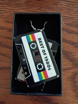 Multicolor Plastic 1980s Cassette Tape Dangle/Drop Hook Earrings, No Stone