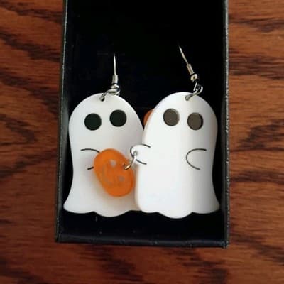 White Ghost Halloween Dangle/Drop Hook Earrings for Lobe, Plastic, No Stone