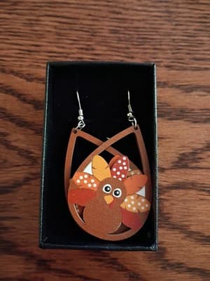 Multicolor Wood Turkey Teardrop Dangle/Drop Hook Earrings for Lobe, No Stone