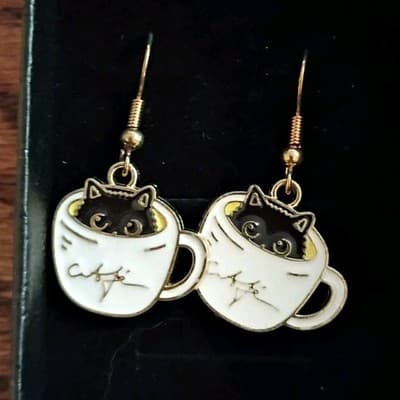 Gold White Black Metal Cat in Teacup Dangle/Drop Hook Earrings for Lobe