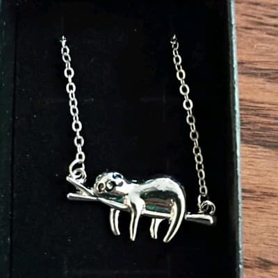 Silver Tone Sloth Charm Pendant Necklace Cable Chain Metal No Stone
