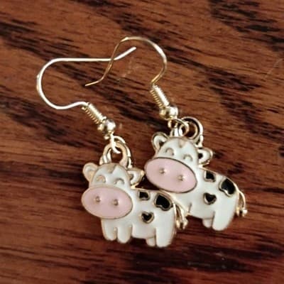 Silver Tone Metal Cow Charm Dangle/Drop Hook Earrings for Lobe, No Stone