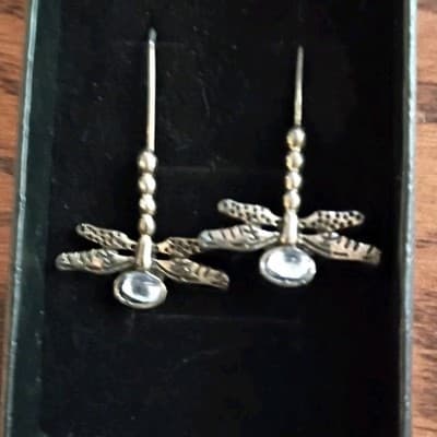 Silver Tone Metal Dragonfly Dangle/Drop Hook Earrings for Lobe, Crystal