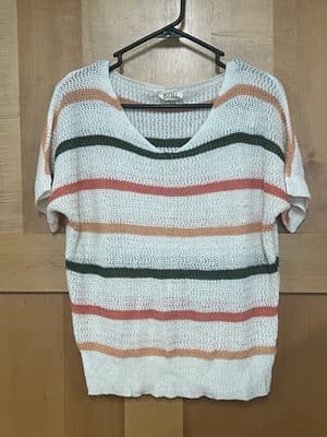 Bibi Fish Net Top Pink Stripe Small Beachy Open Knit Resort Layering Cover Up