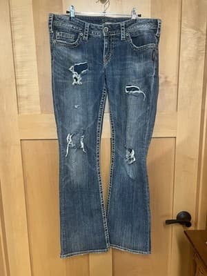 Silver Jeans Pioneer Bootcut Distressed Thick Stitch Denim Jeans W32 L33