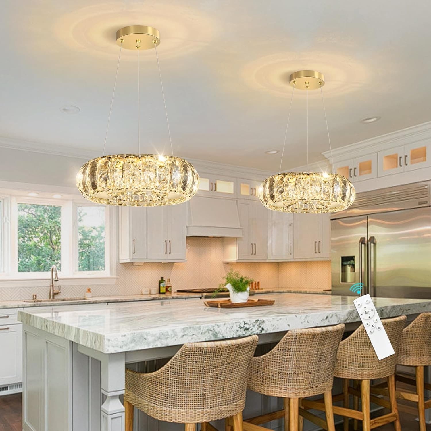 HAIXIANG Gold Crystal Round LED Chandelier Dimmable Pendant Light w/ Remote