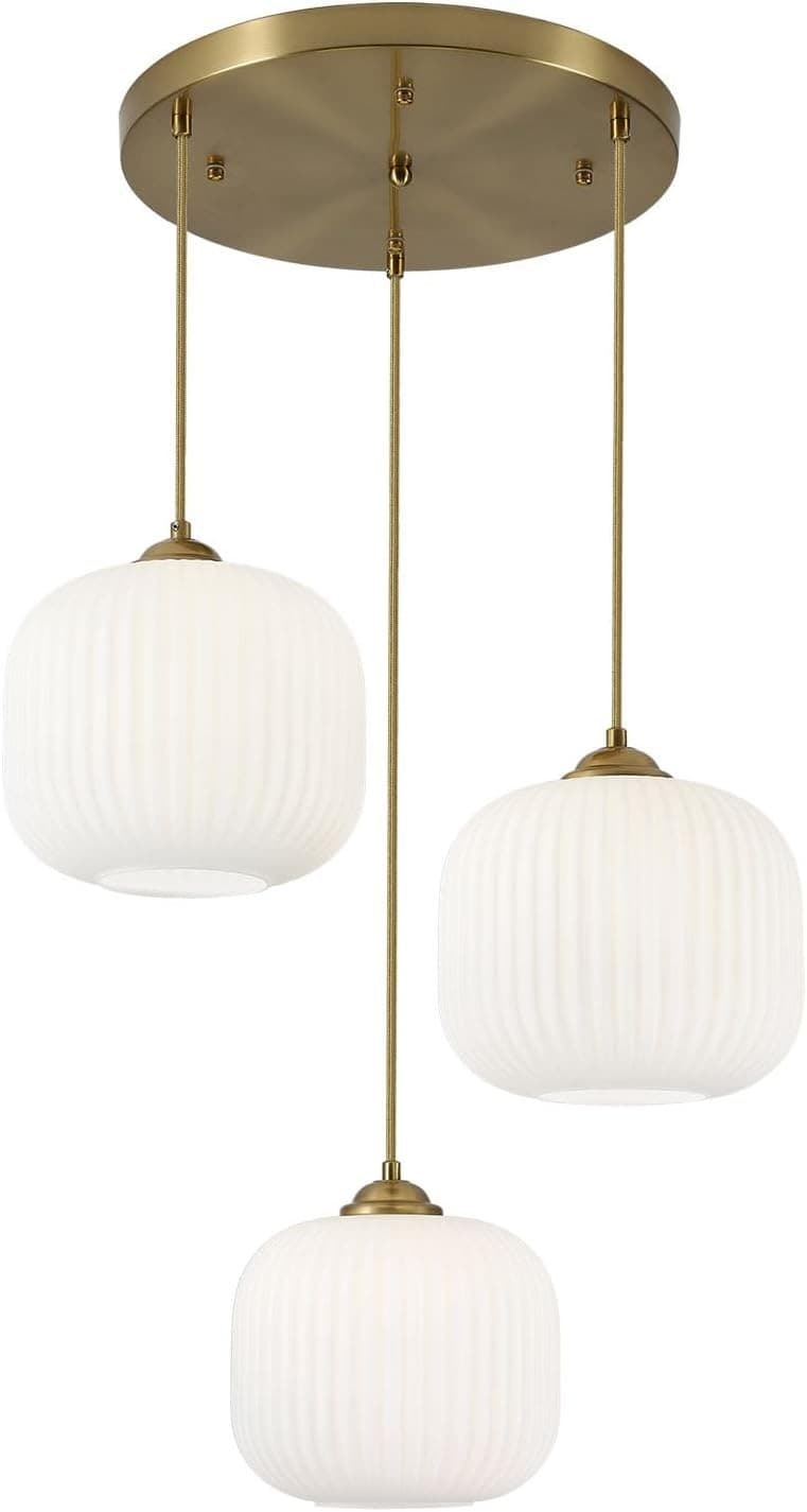 BOKT 3-Light White Ribbed Glass Globe Pendant Light Gold Cluster Chandelier
