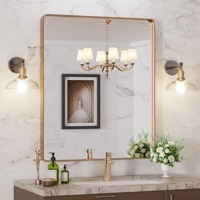 LOAAO 30x36 Gold Bathroom Mirror Rounded Rectangle Vanity Wall Mirror