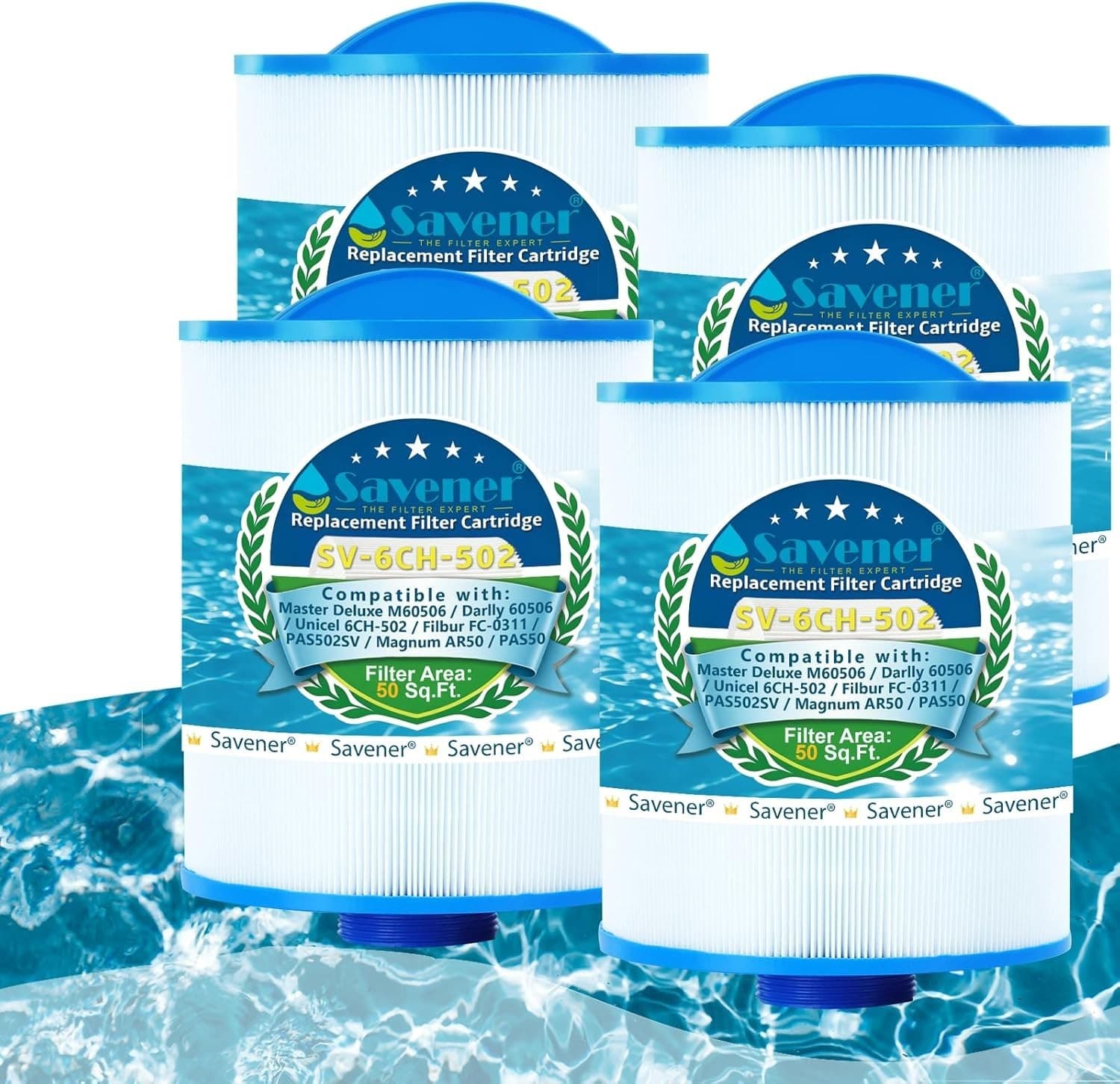 Savener 6CH-502 PAS50SV-F2M Hot Tub Spa Filter Cartridge 50 Sq Ft 4 Pack