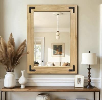 Rustic Light Brown Wood Framed Rectangle Accent Mirror Wall Mounted for Entryway