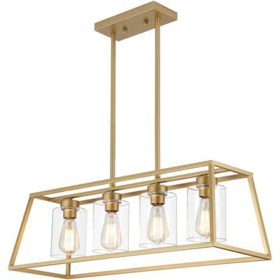 4-Light Gold Rectangle Chandelier Kitchen Island Dining Light Clear Glass Shades