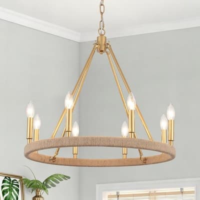 Gold Farmhouse Chandelier 8 Light Wagon Wheel Chandelier Modern Metal Round