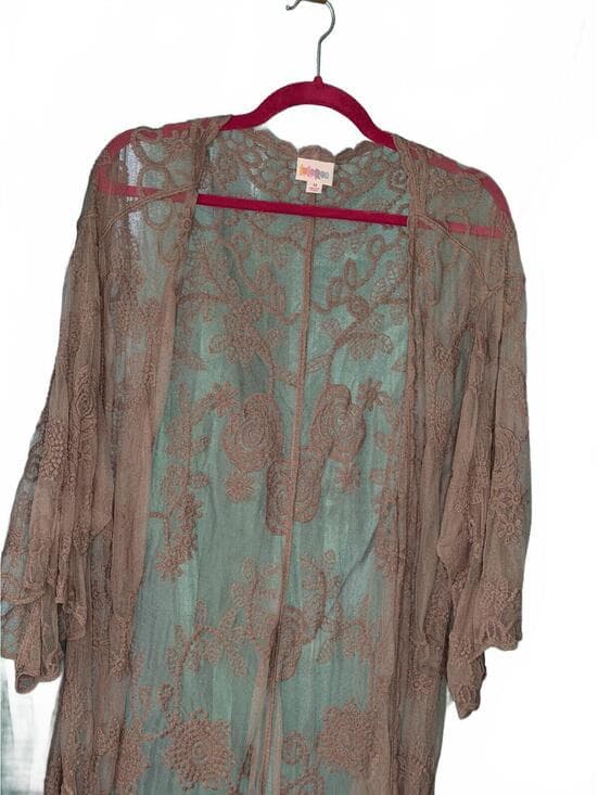 Lularoe Sheer Taupe Lace Kimono Duster - Elegant & Breezy
