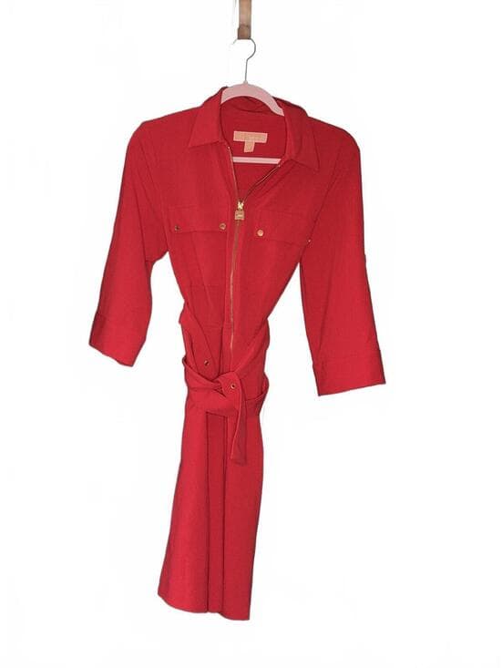 Michael Kors Elegant Red Zip-Front Belted Utility Dress