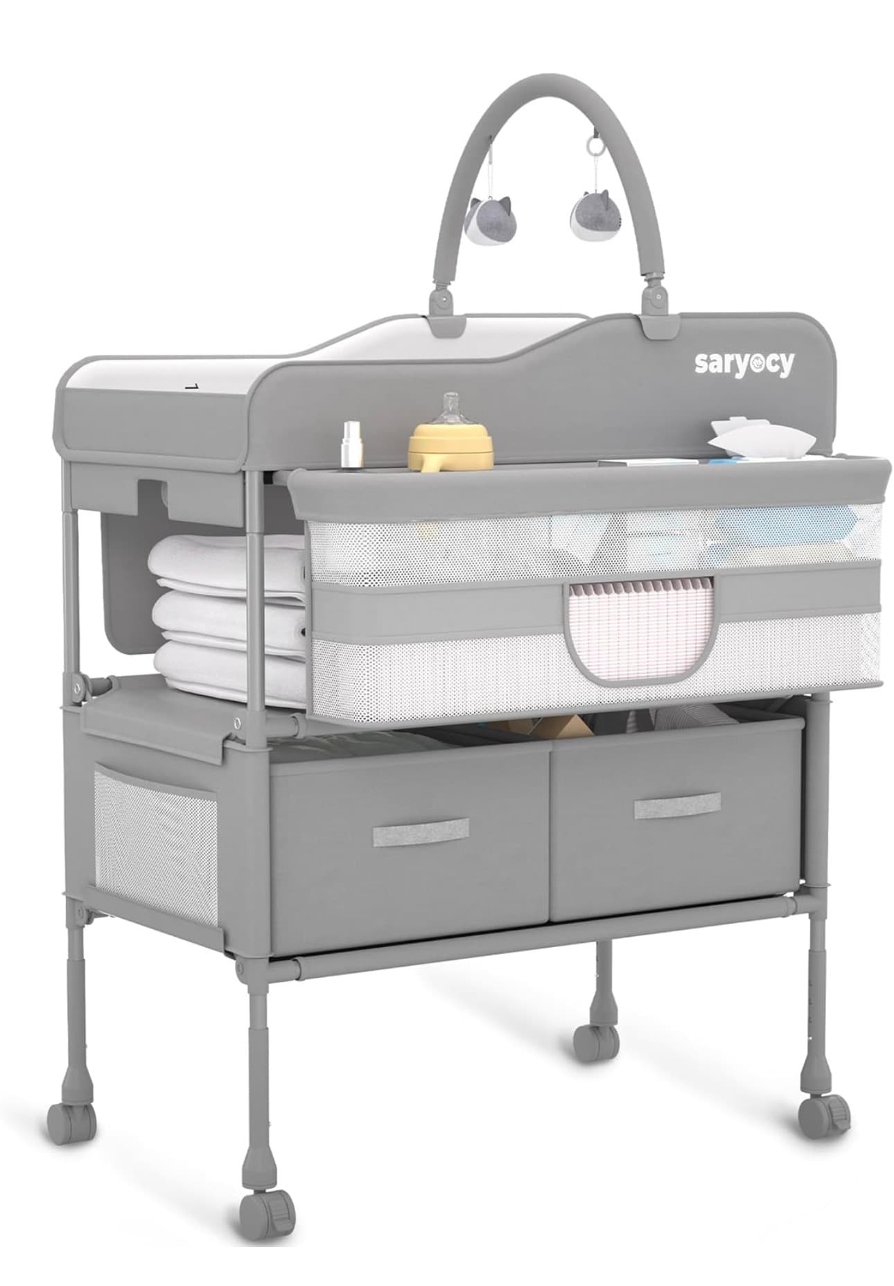Saryocy Baby Changing Table, Versatile Folding Changing Table, Waterproof Diaper Changing Station, Adjustable Height with 2 Drawers, Baby Changing Station, Mobile Nursery for Infant and Newborn