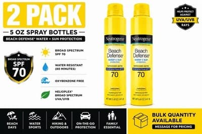2 New Neutrogena SPF 70 Beach Defense Sunscreen Spray Lotion (5 Oz.)