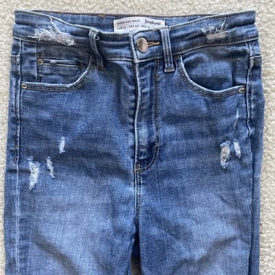 Stradivarius Jeans Womens Super High Waist Sz 2 Skinny Distressed Blue Preowned