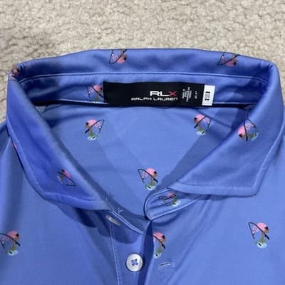 RLX Ralph Lauren Golf Polo Mens Large Blue w Flamingos Preowned