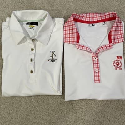 Golf Polos Womens Size Medium Lot of 2, Country Club Logos, White Footjoy Norman
