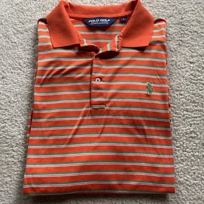 Ralph Lauren Polo Golf Polo Mens Large Orange Green Striped Pima Cotton Preowned