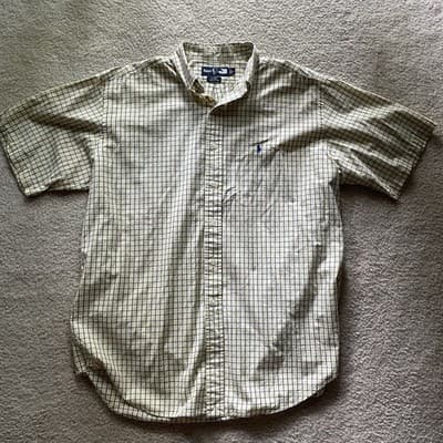 Ralph Lauren Short Sleeve Checkered Yellow Blue Blake Mens Shirt Size L Preowned
