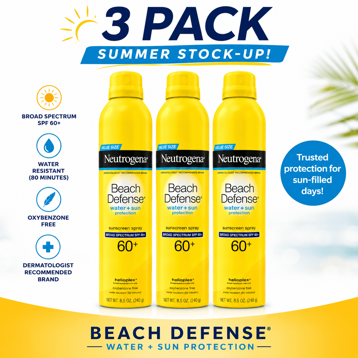 3 Pack Neutrogena Beach Defense Sunscreen Spray Lotion SPF 60 Exp 11/26
