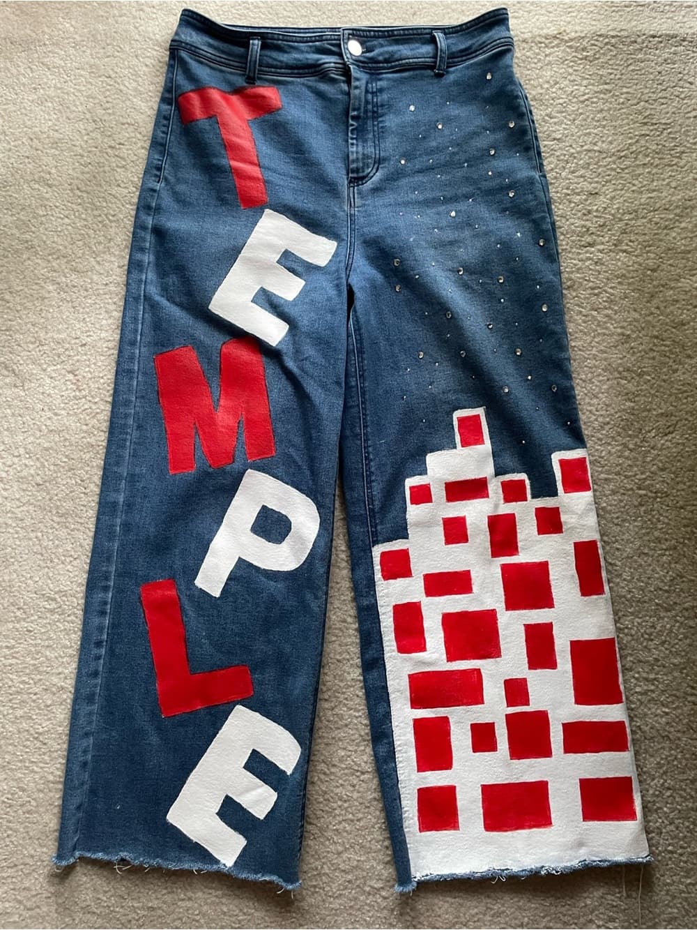 Odyn Women’s Wide-Leg Blue Jeans Custom Temple University Theme - Size 12/30