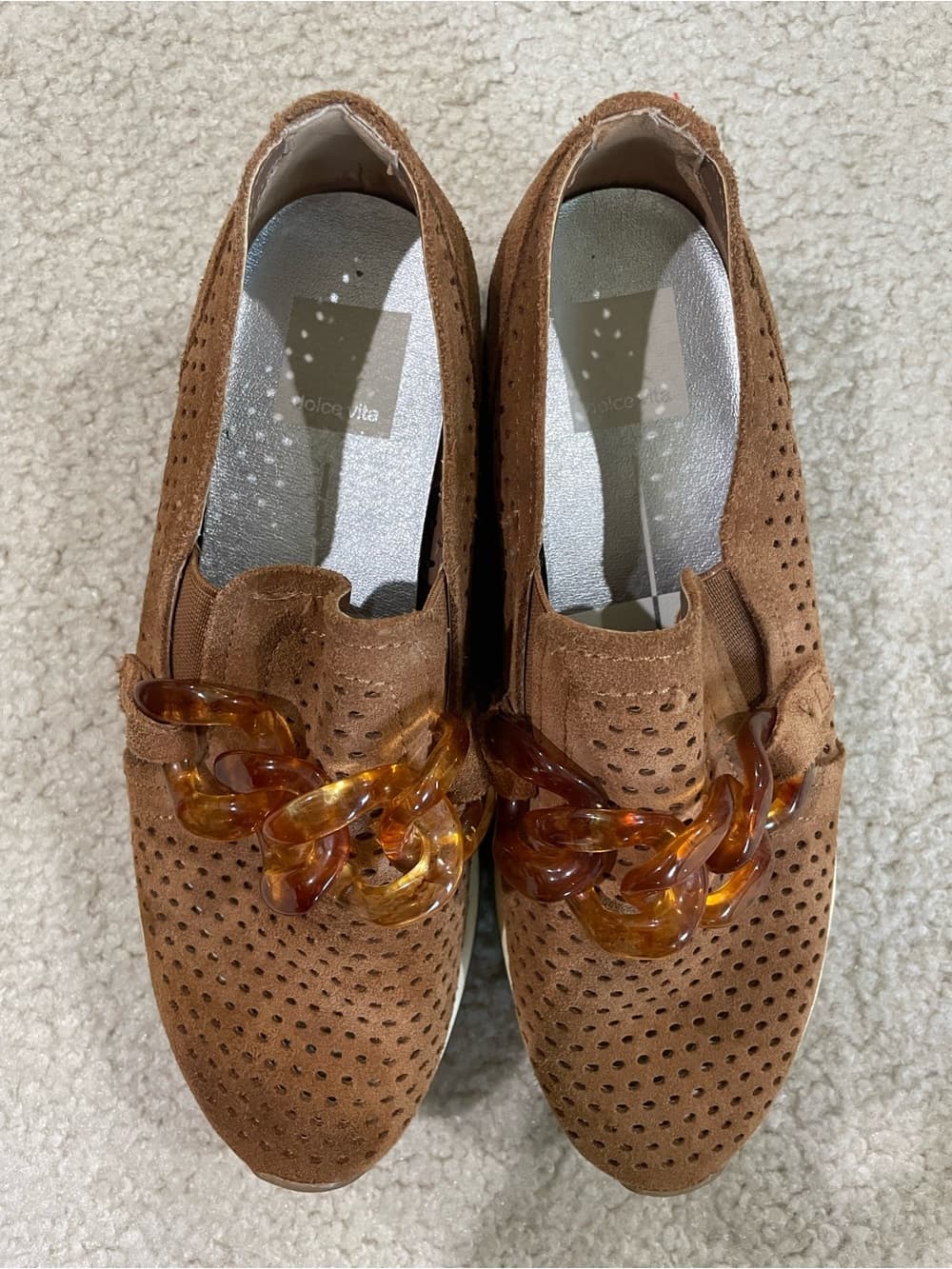 Dolce Vita Tan Suede Platform Slip-On Loafers with Amber Chain