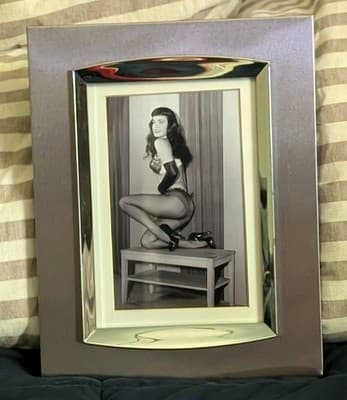 Bettie Page Framed Photo Reprint - B&W Pinup Queen Vintage Metal Frame Boudoir