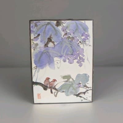 Vintage Japanese Shikishi Board Art Print Bird Wisteria Watercolor Style Signed