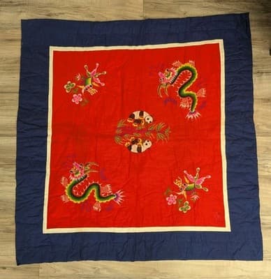 Vintage Chinese Embroidered Patchwork Quilt Blanket Dragon Panda Silk Throw
