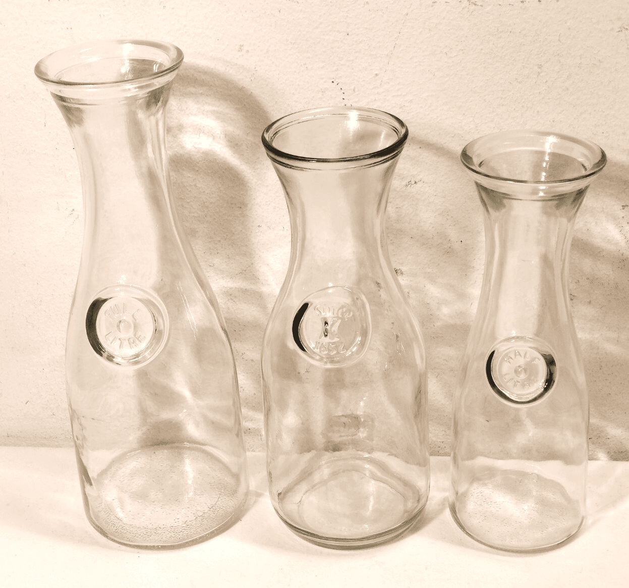 3 Embossed Since 1852 Glass Milk Wine Carafe Decanter Pitcher Bottle Decor
