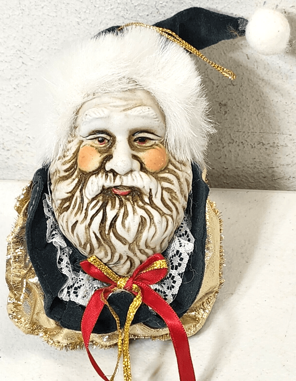 Christmas Santa Claus White Face Head Ornament Felt Ceramic Bells Vintage