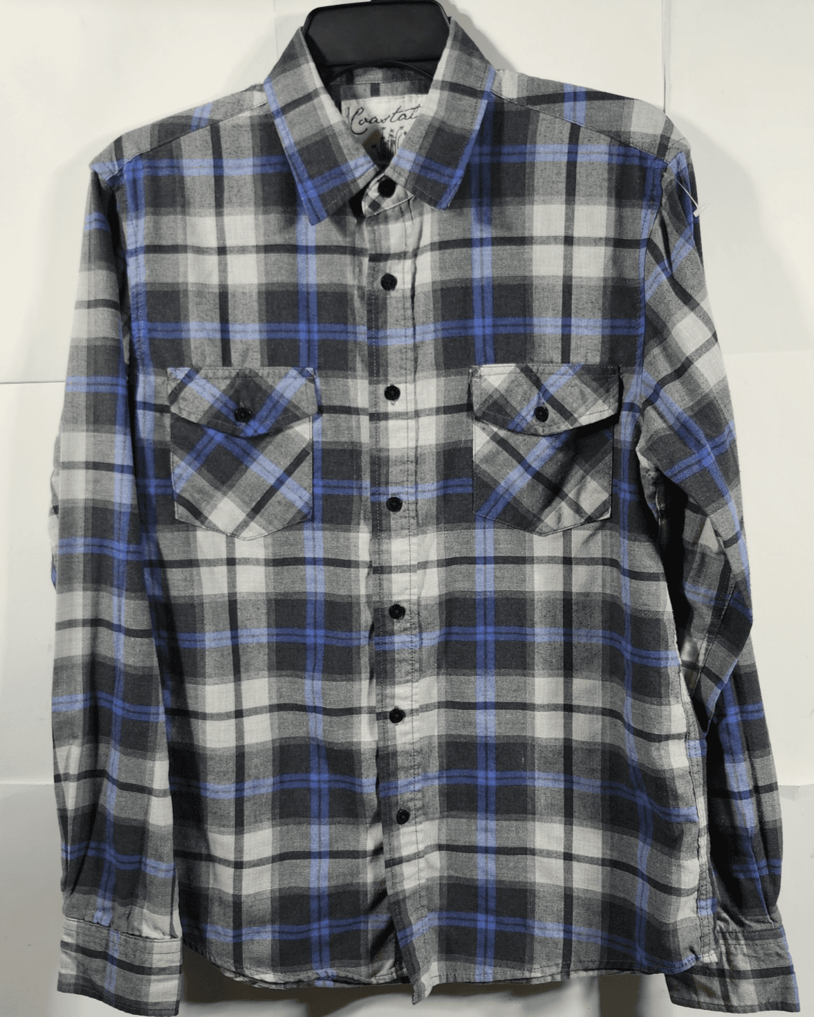 Coastal Shirt Mens' Medium Plaid Long Sleeve Button Up Gray Black Blue Cowboy