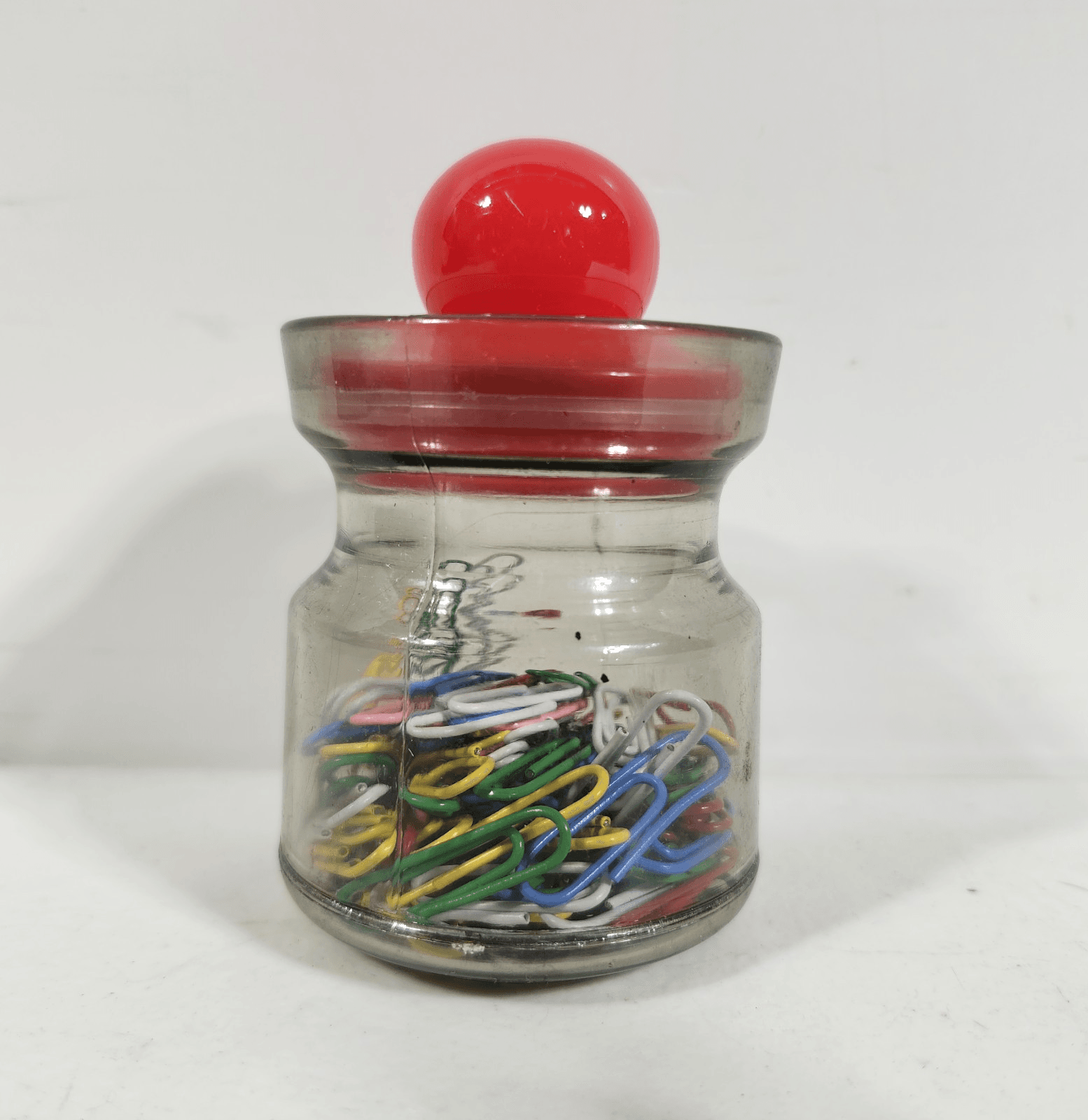 Plastic Desk Organizer Jar W/ Paperclips & Red Lid