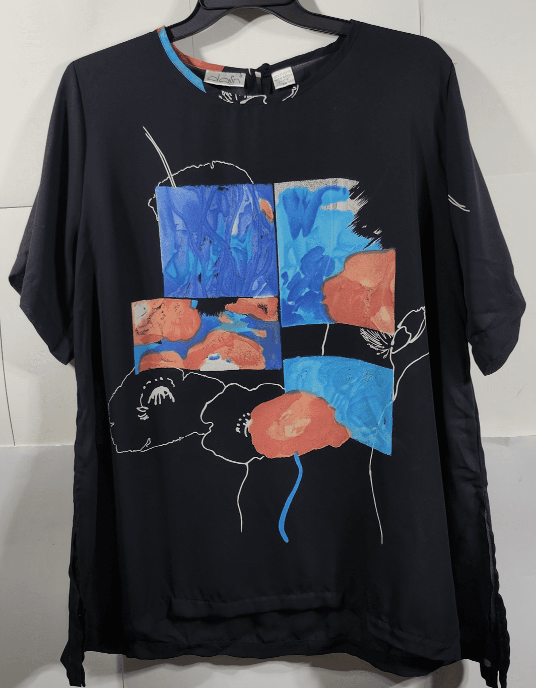 Vintage Women's 2X Blouse Abstract Floral Black Short Sleeve Dalin Plus